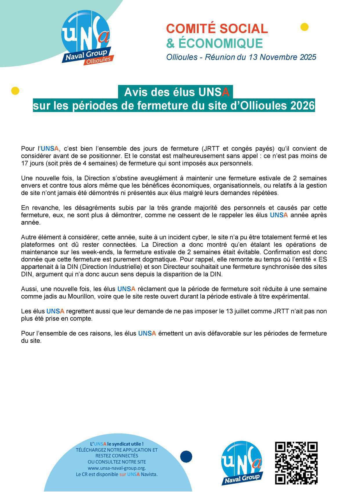  CSE d'Ollioules - Réunion du 13 Novembre 2025 - Avis des élus UNSA sur les périodes de fermeture 