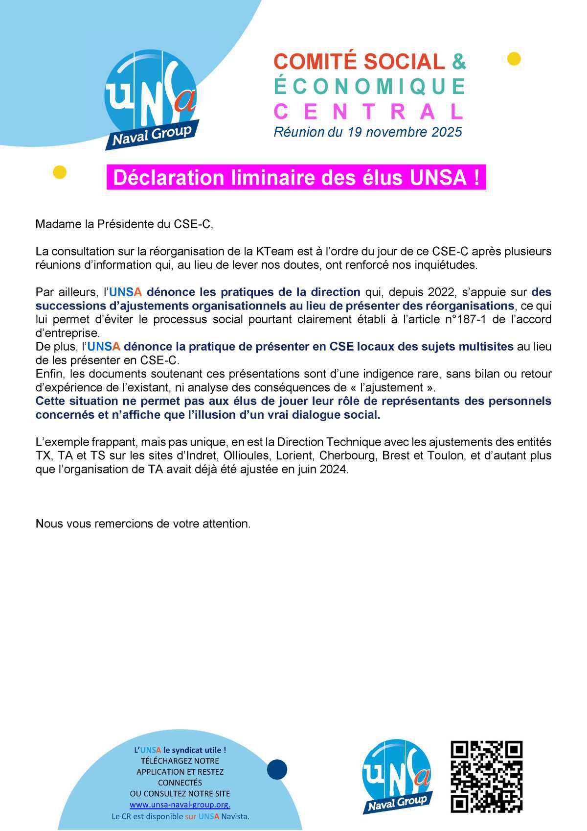Réunion du 19 novembre 2025 - Déclaration liminaire