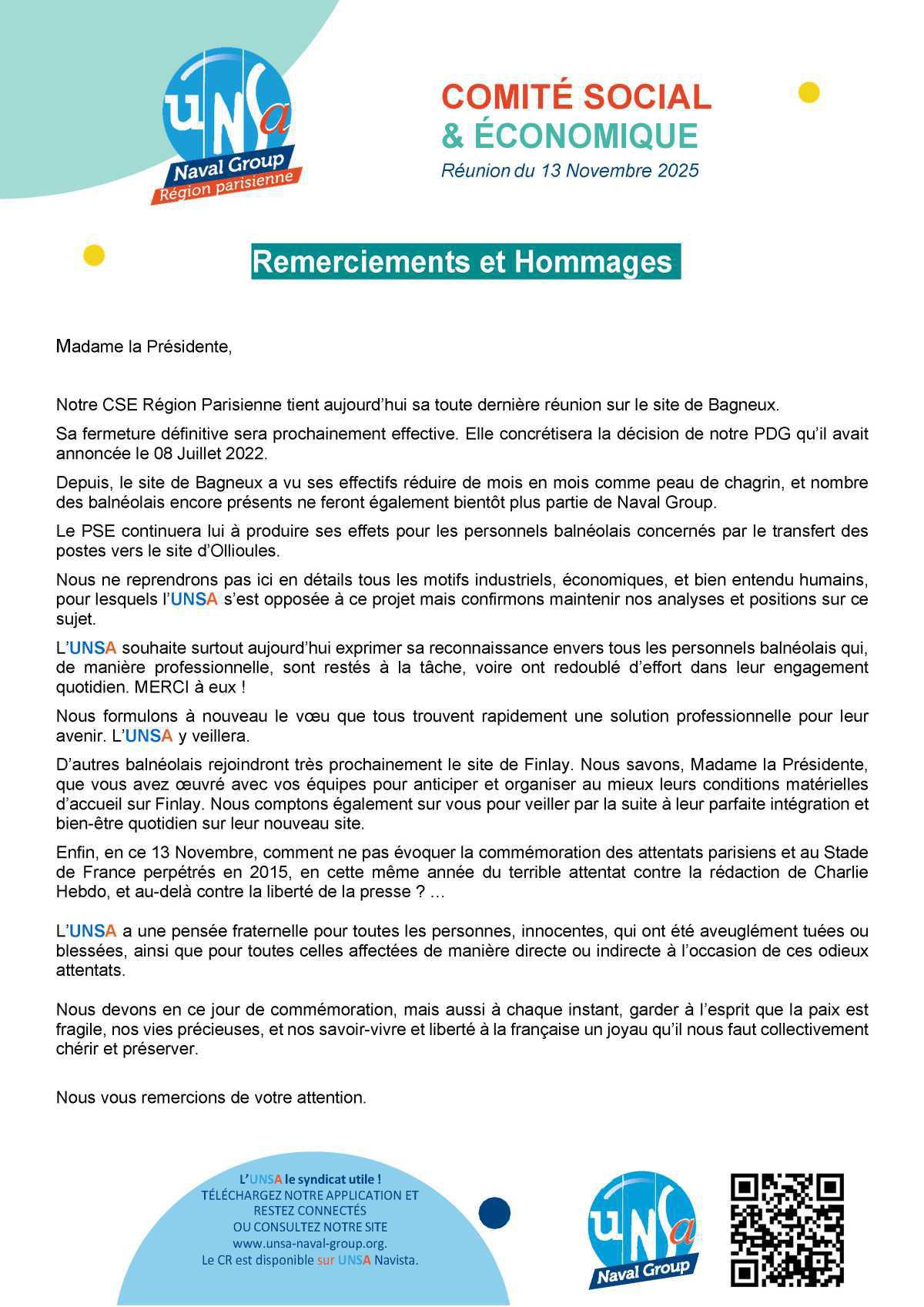 Réunion du 13 novembre 2025 - Déclaration liminaire