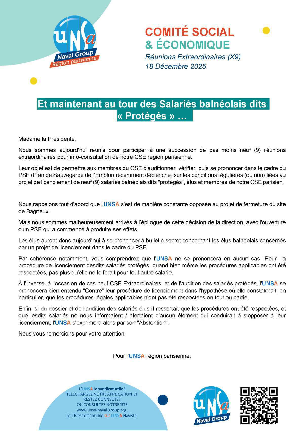 Réunions du 18 décembre 2025 - Déclaration liminaire