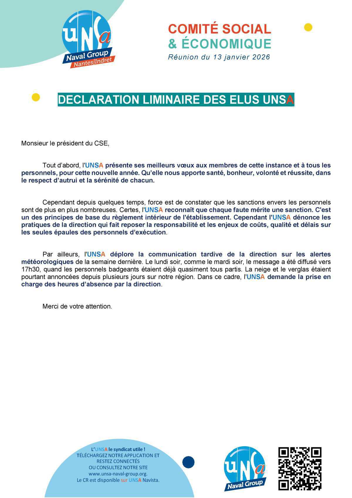 CSE Nantes/Indret - Réunion du 13 janvier 2026 - Déclaration Liminaire CSE Nantes/Indret - Réunion du 13 janvier 2026 - Déclaration Liminaire
