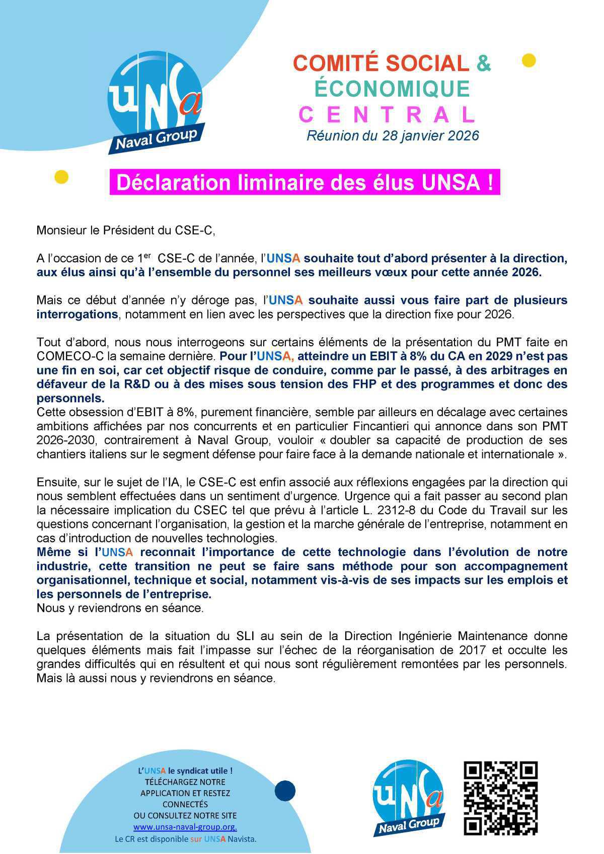 Réunion du 28 janvier 2026 - Déclaration liminaire