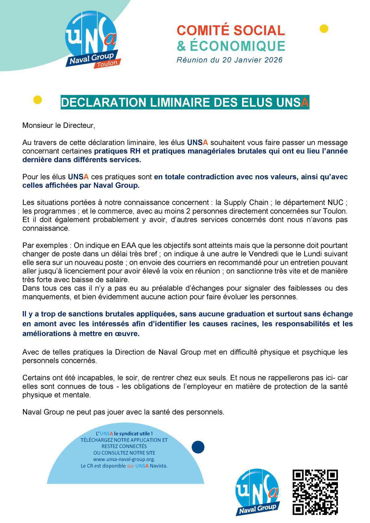 CSE de Toulon - Réunion du 20 janvier 2026 - Déclaration liminaire