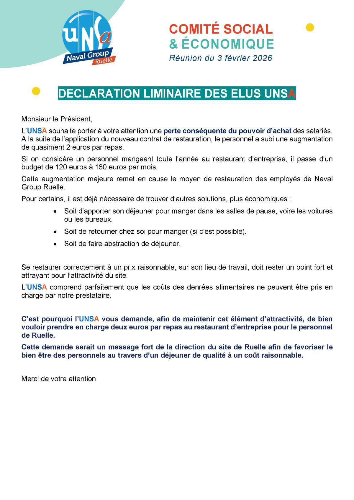 CSE de Ruelle - Réunion du 3 février 2026 - Déclaration liminaire