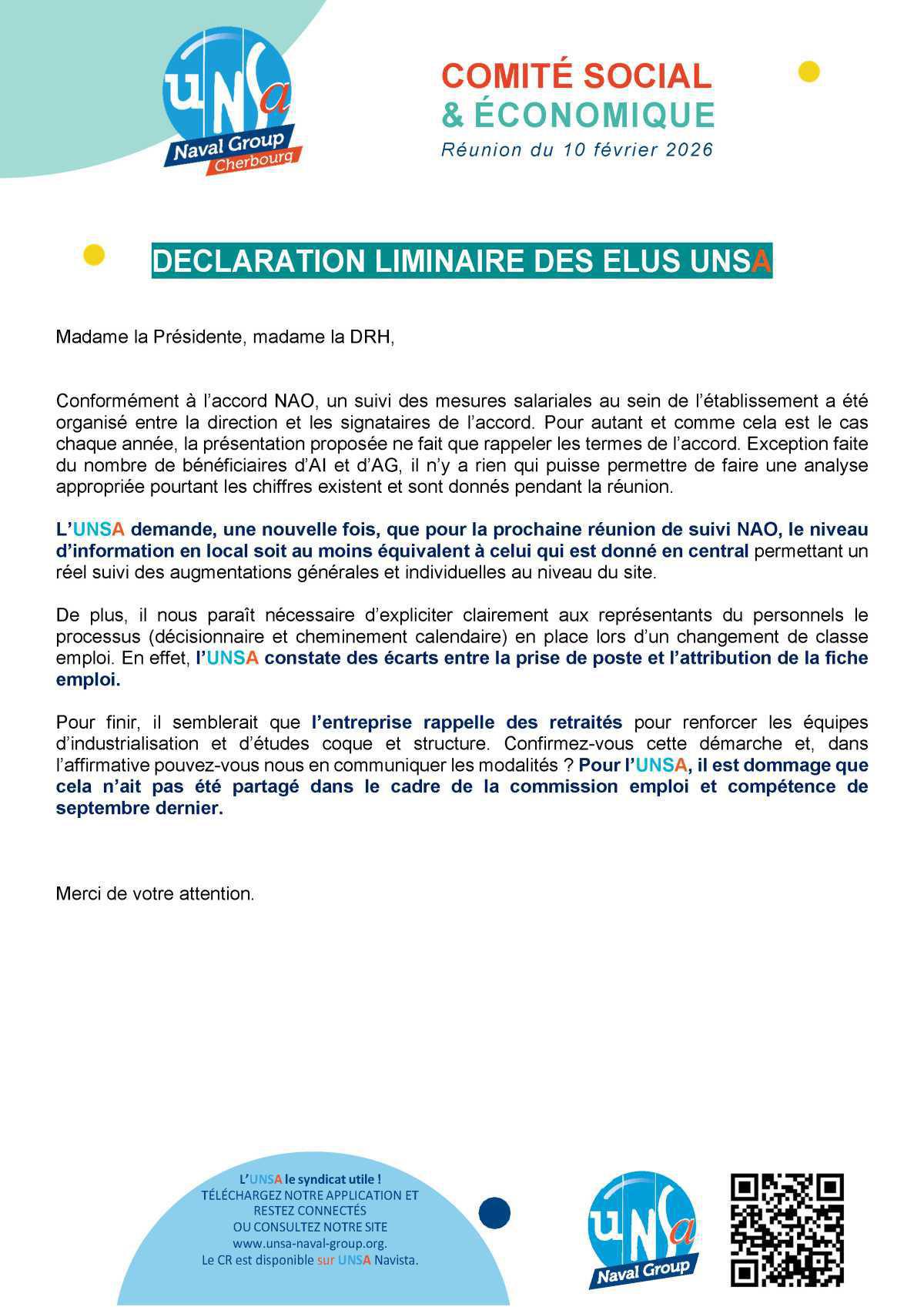CSE de Cherbourg - Réunion du 10 février 2026 - Déclaration liminaire