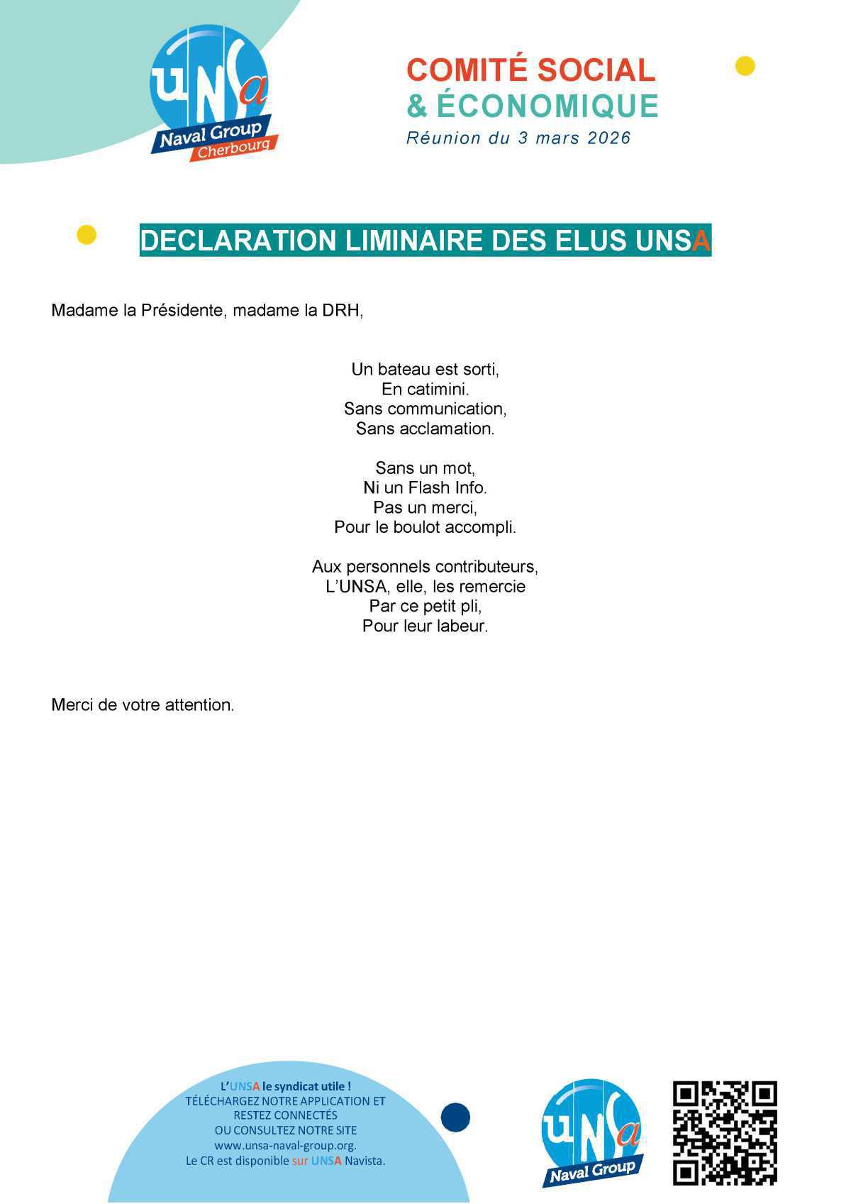 CSE de Cherbourg - Réunion du 3 mars 2026 - Déclaration Liminaire