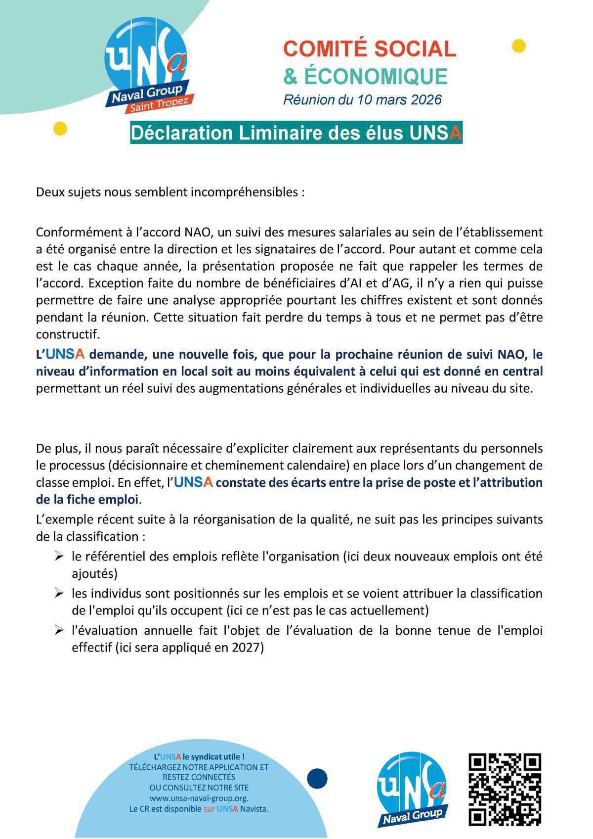 CSE de St Tropez - Réunion du 10 mars 2026 - Déclaration Liminaire