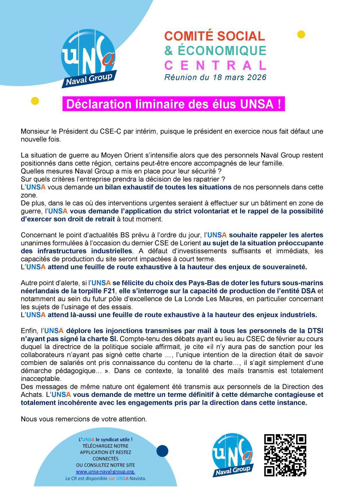 Réunion du 18 mars 2026 - Déclaration Liminaire