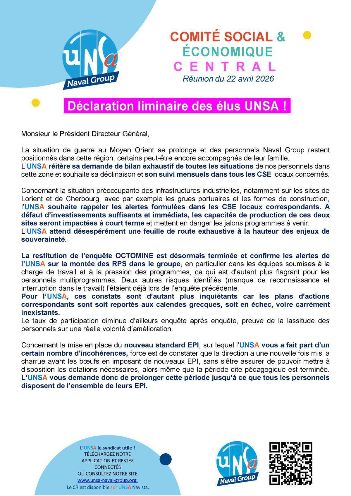 Réunion du 22 avril 2026 - Déclaration Liminaire