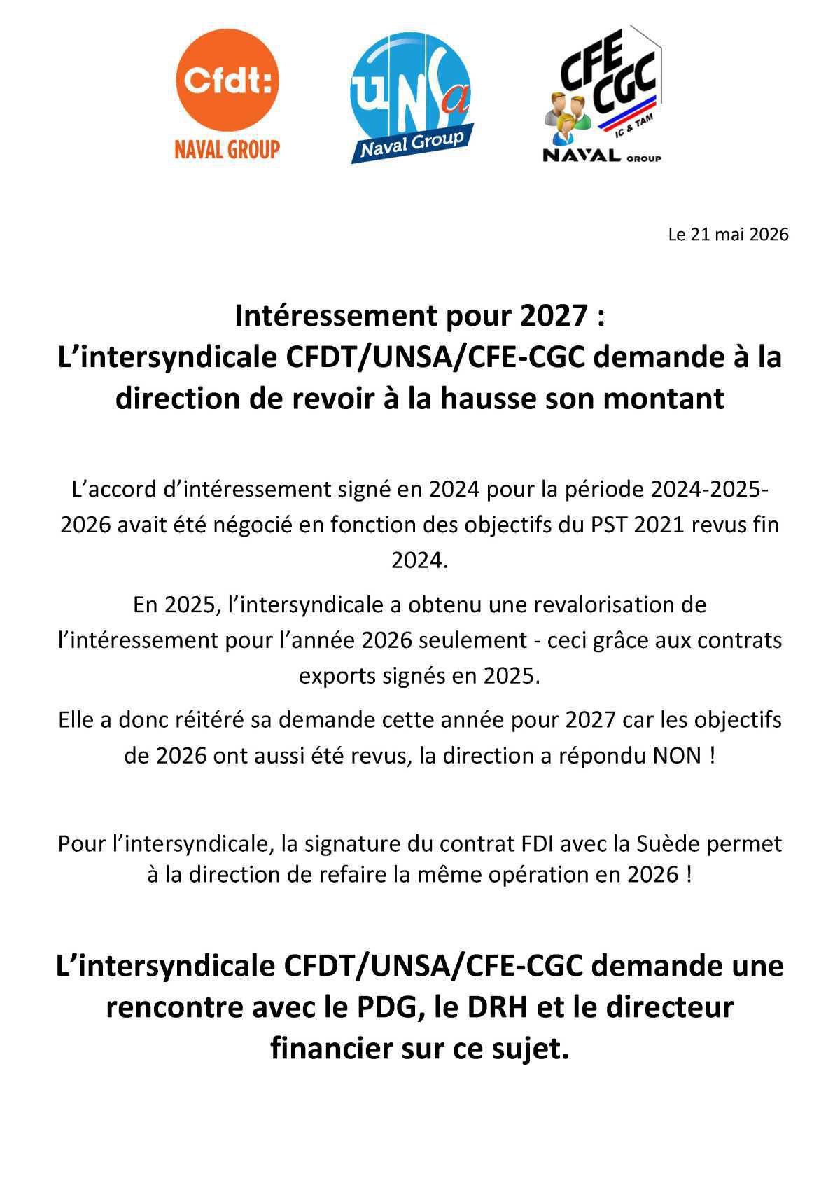 Intéressement 2027 : l’intersyndicale CFDT/UNSA/CFE-CGC demande à la direction de revoir à la hausse son montant !