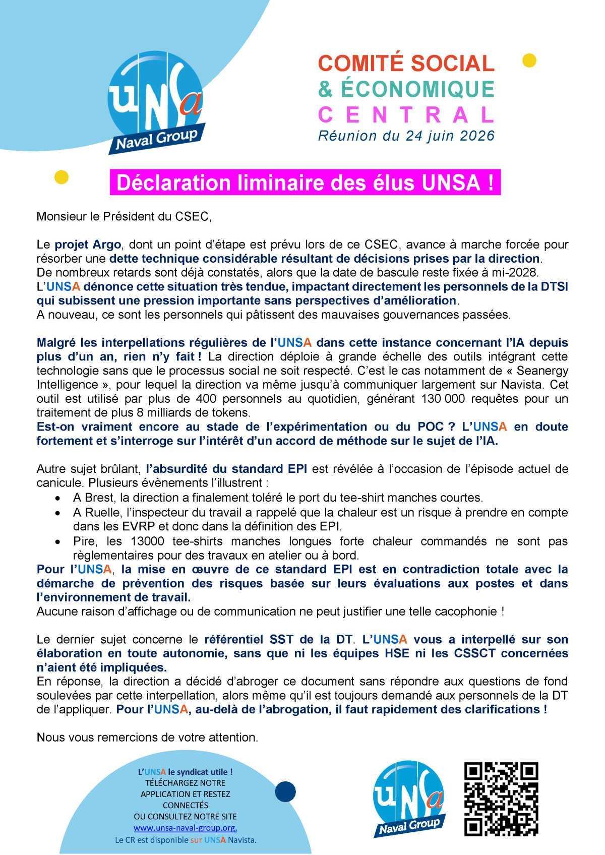 Réunion des 24 et 25 juin 2026 - Déclaration Liminaire