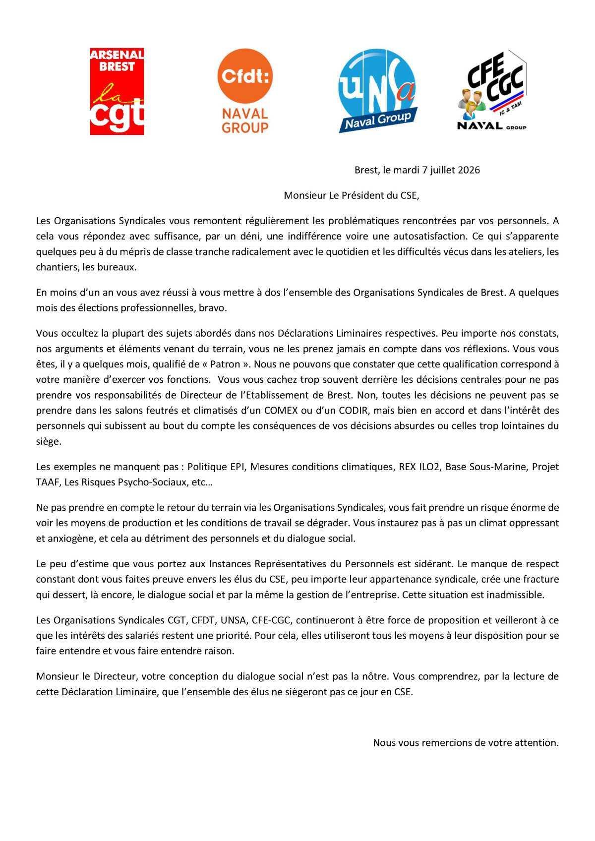 CSE de Brest - Réunion du 7 juillet 2026 - Déclaration Liminaire intersyndicale