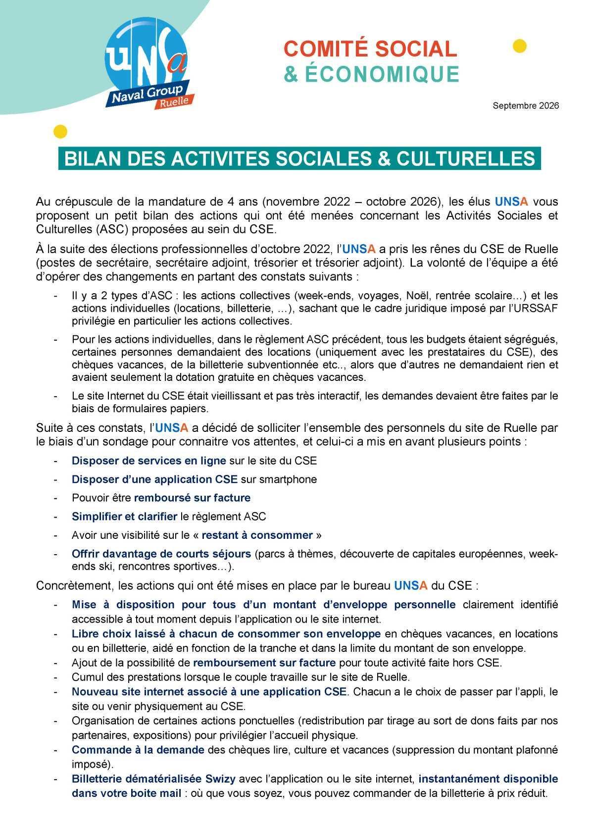 CSE de Ruelle - Bilan UNSA des activités sociales et culturelles - septembre 2026