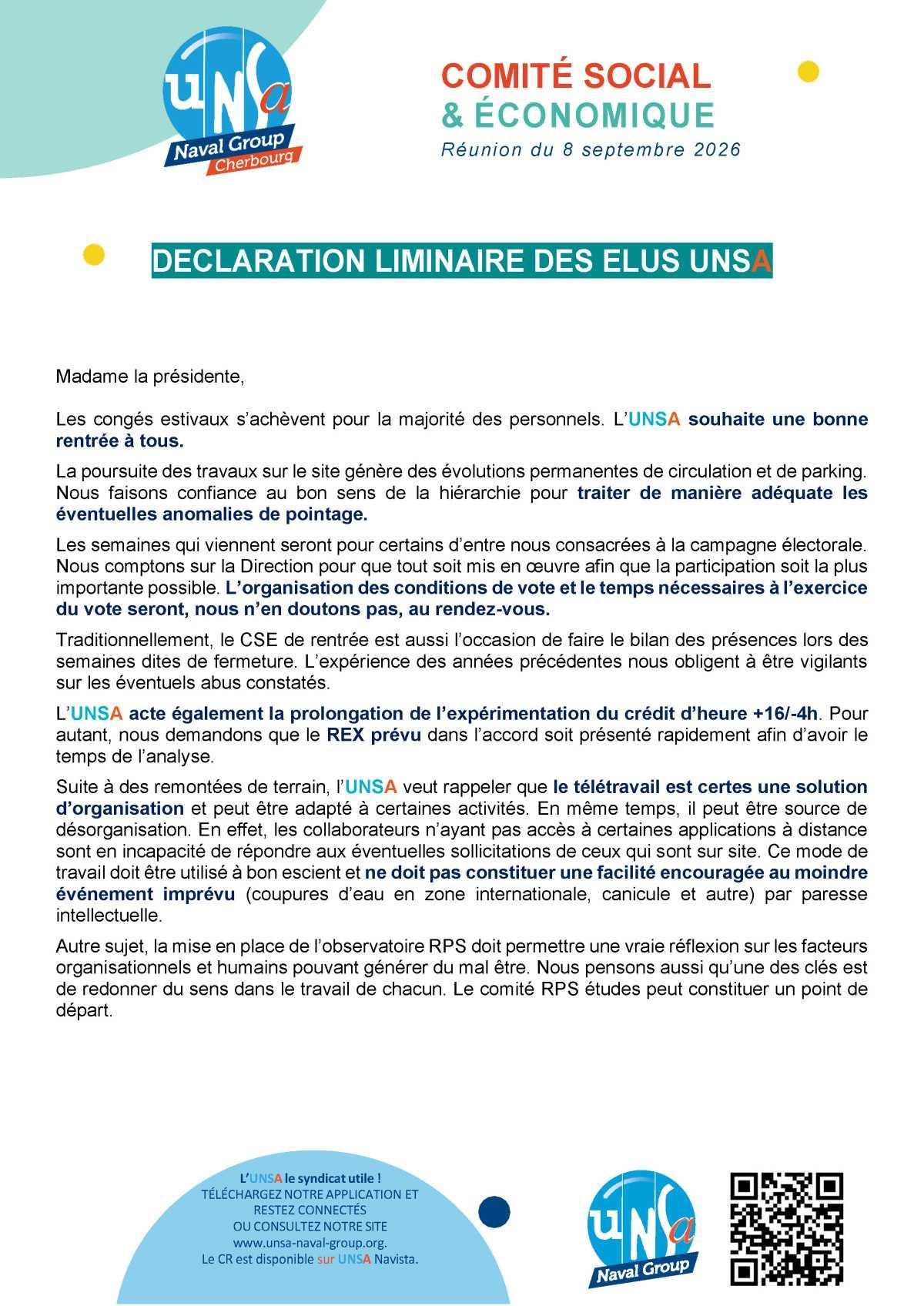 CSE de Cherbourg - Réunion du 8 septembre 2026 - Déclaration liminaire