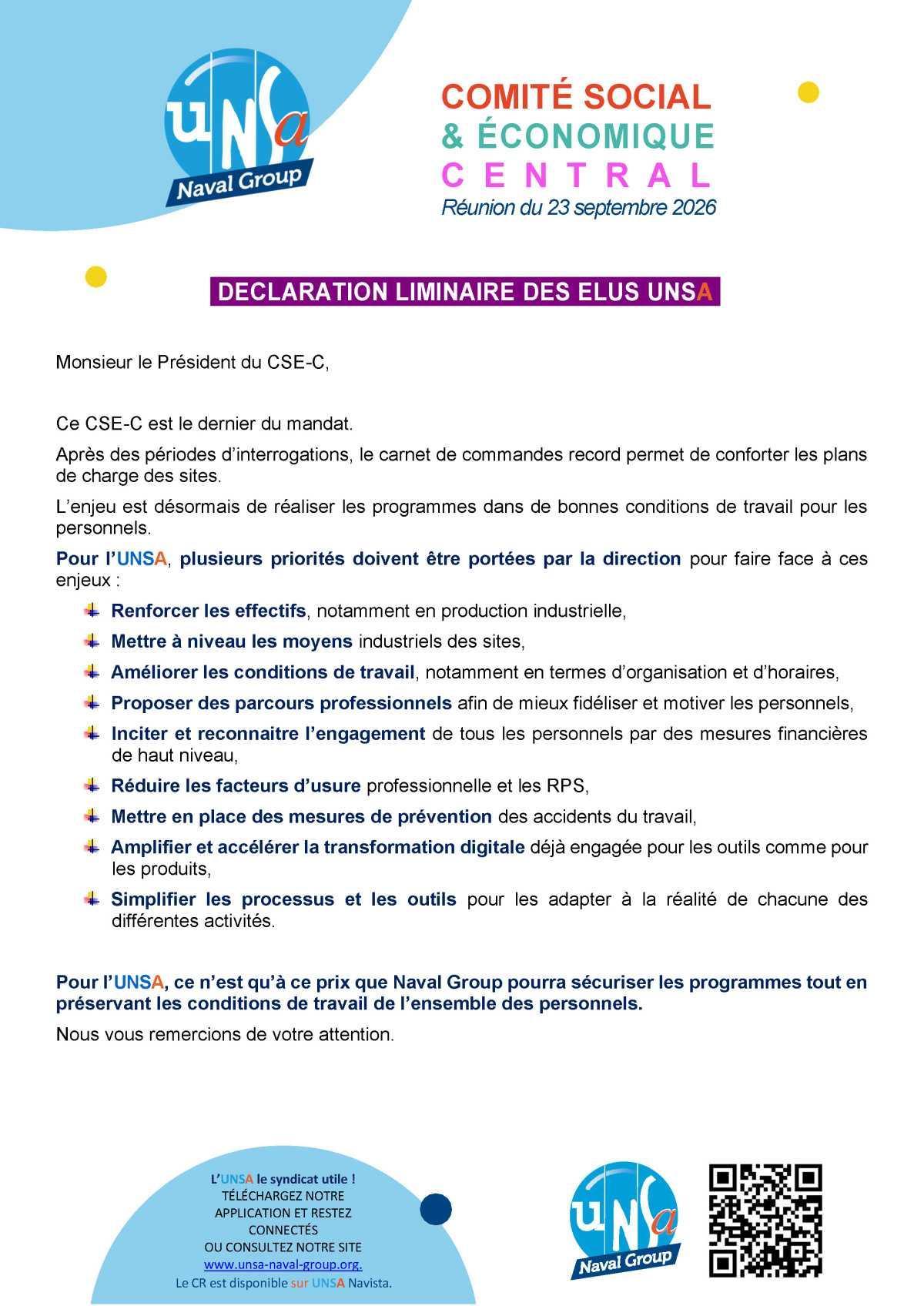 Réunion des 23 et 24 septembre - Déclaration liminaire
