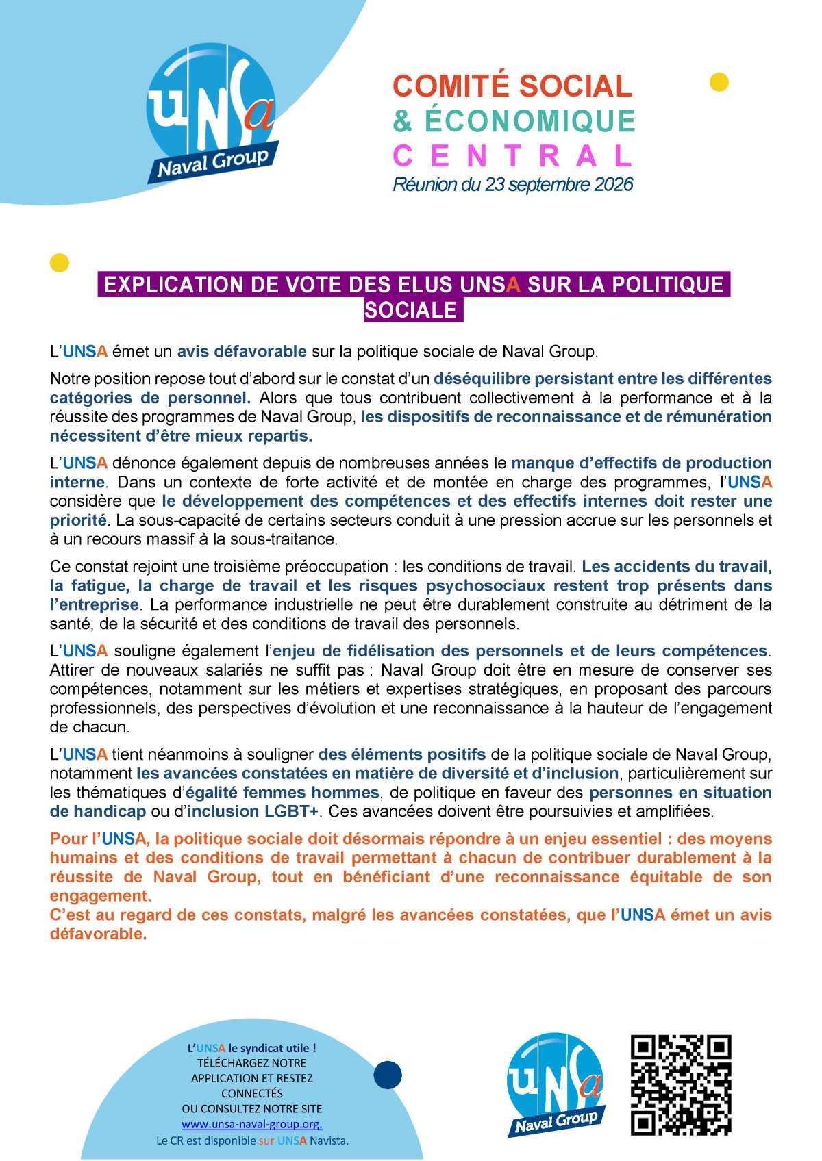 Réunion des 23 et 24 septembre - Explication de vote sur la politique sociale