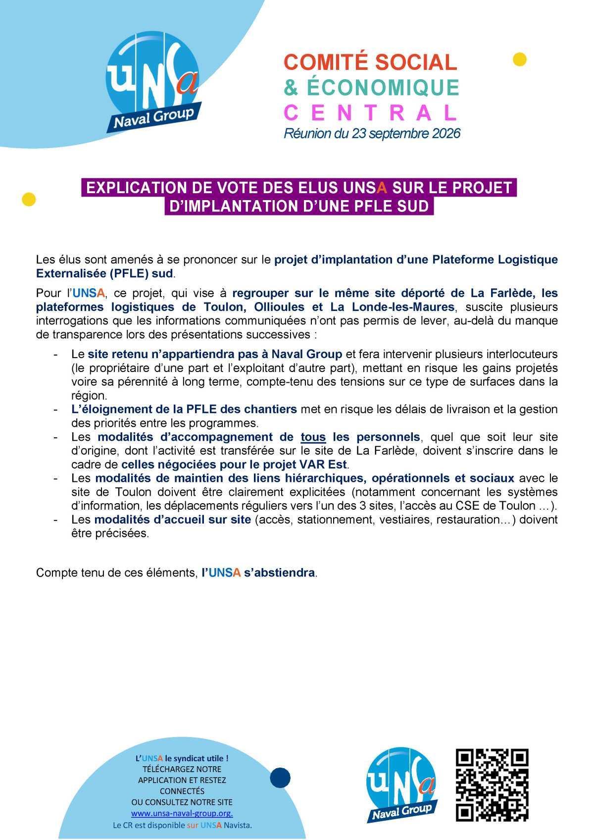 Réunion des 23 et 24 septembre - Explication de vote sur le projet d’implantation d’une PFLE sud 