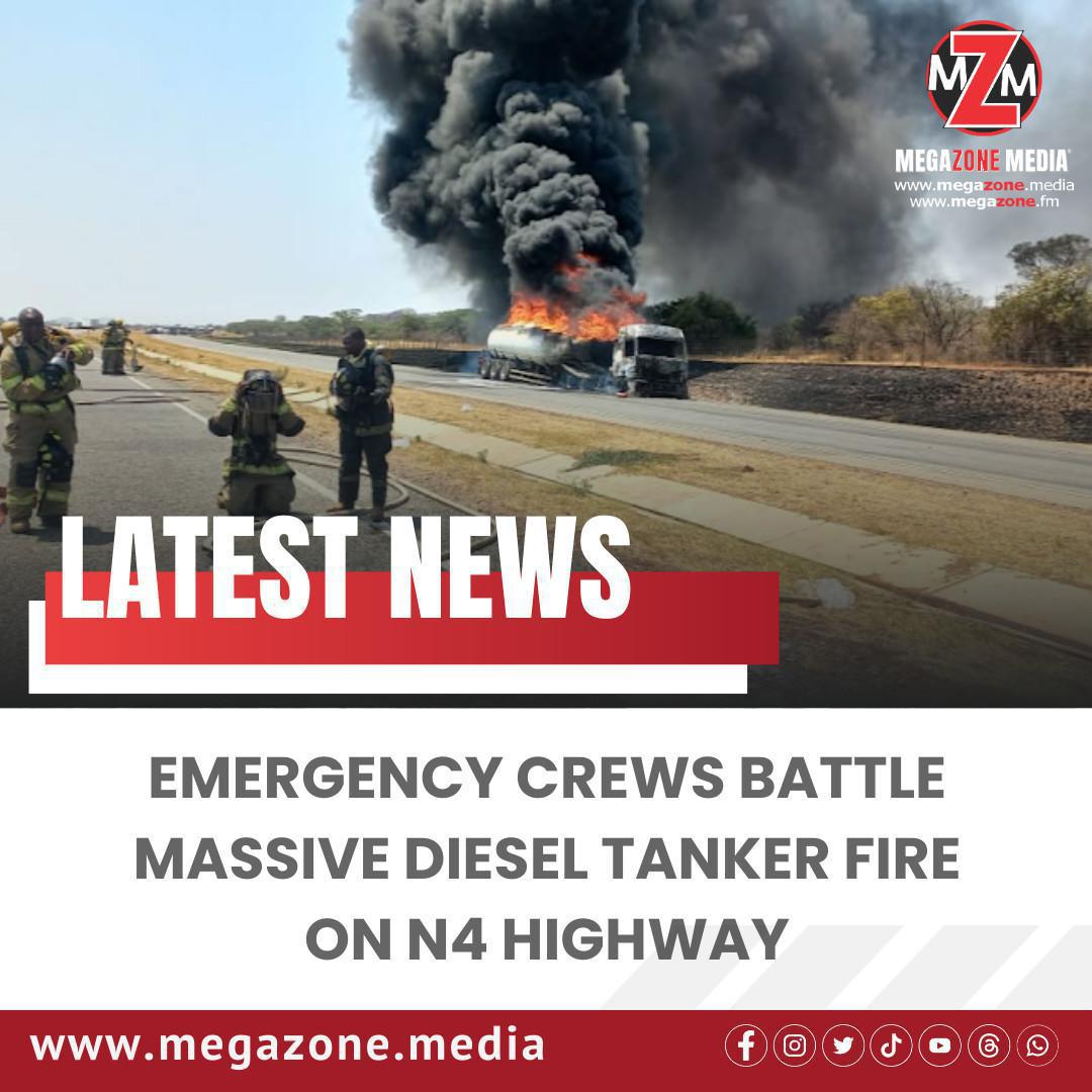 Emergency crews battle massive diesel tanker fire on N4 highway. Emergency crews battle massive diesel tanker fire on N4 highway.