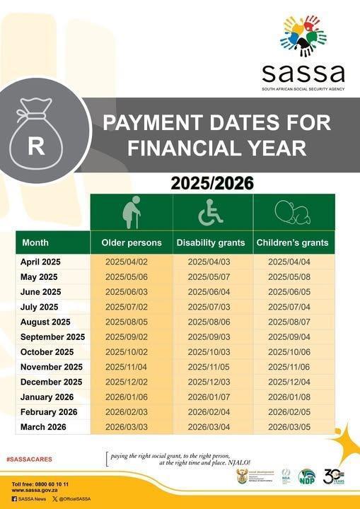 SASSA Releases Grant Payment Dates for 2025/2026 Financial Year SASSA Releases Grant Payment Dates for 2025/2026 Financial Year