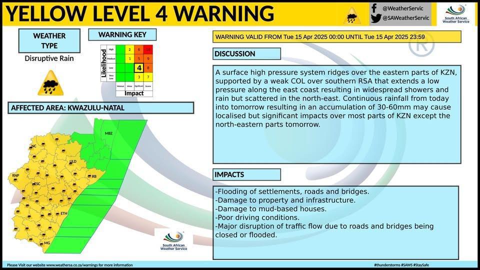 Yellow Level 4 Warning Issued for KZN: Disruptive Rain Expected to Hit Hard