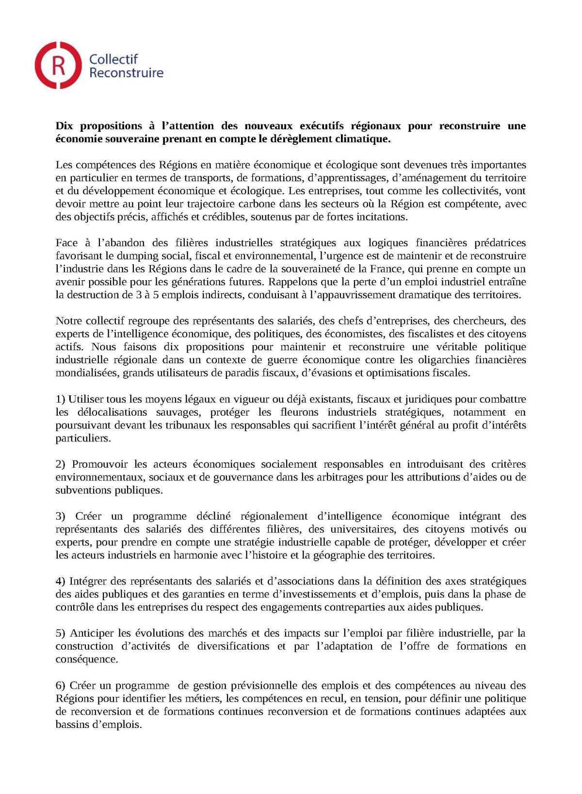 Communiqué de presse du collectif Reconstruire ainsi 10 propositions pour une industrie souveraine et responsable à destination des futurs présidents de régions. Communiqué de presse du collectif Reconstruire ainsi 10 propositions pour une industrie souveraine et responsable à destination des futurs présidents de régions.