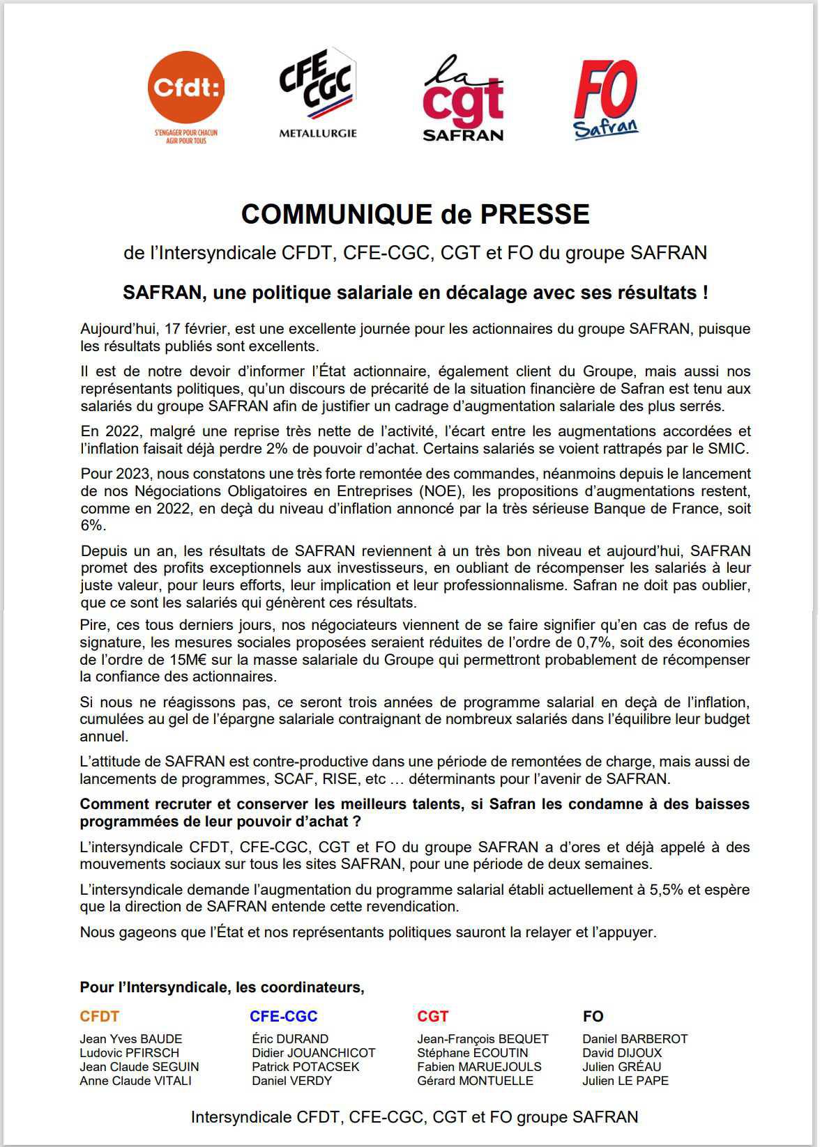 SAFRAN, une politique salariale en décalage avec ses résultats !