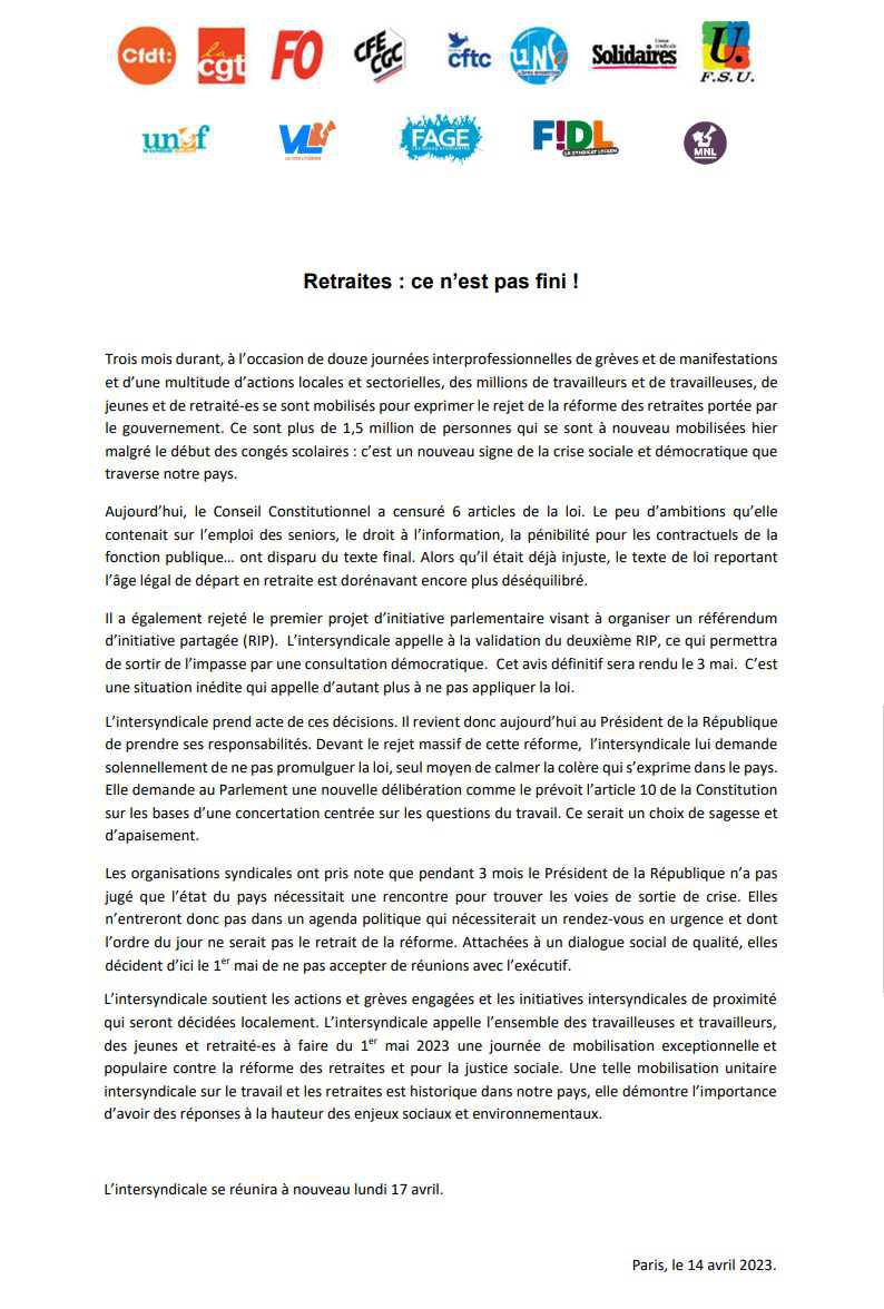 Lettre InterSyndicale