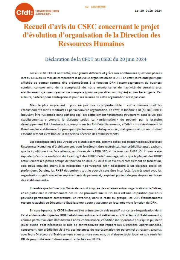 SED CSEC 20 juin 2024 : Déclaration CFDT Réorganisation DRH