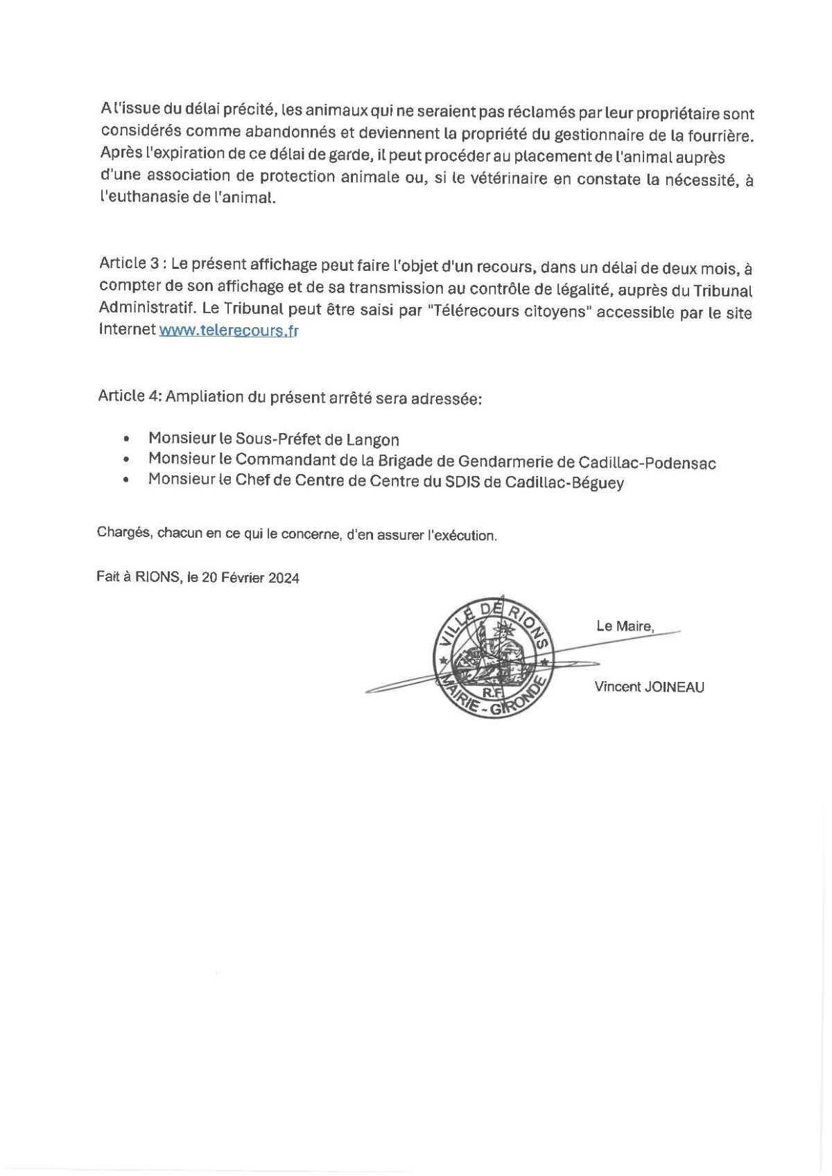 Arrêtés municipaux et/ou préfectoraux, Avis Arrêtés municipaux et/ou préfectoraux, Avis