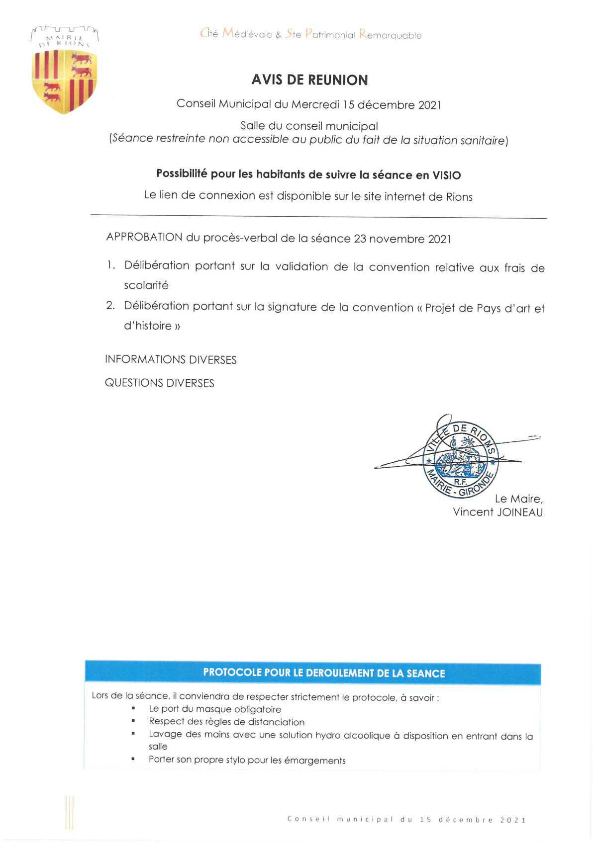 Conseil municipal de Rions du 15 décembre 2021
