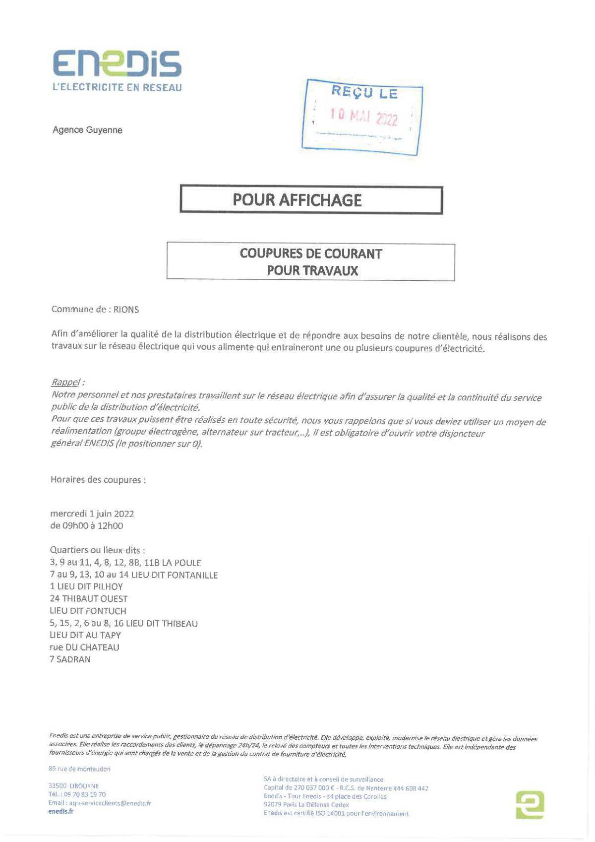 Coupures d'électricité ce mercredi 1er juin
