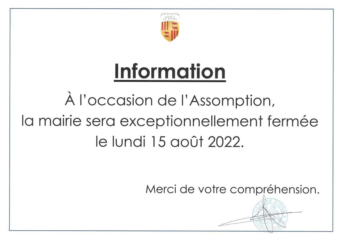 Août 2022 : infos ouverture Mairie