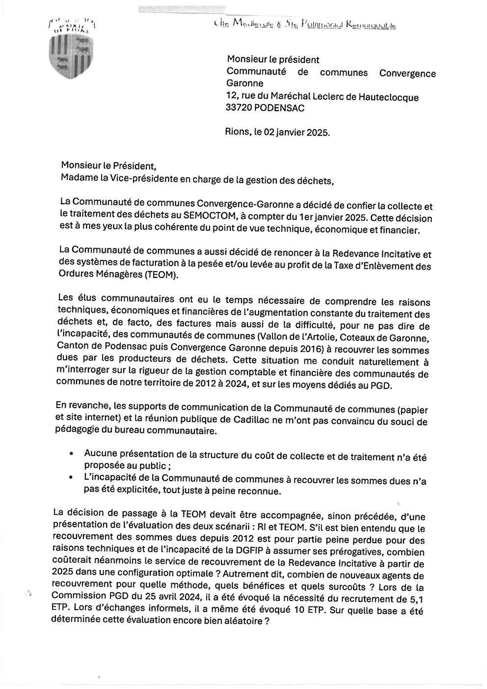 Évolution de la facturation de la gestion des déchets 