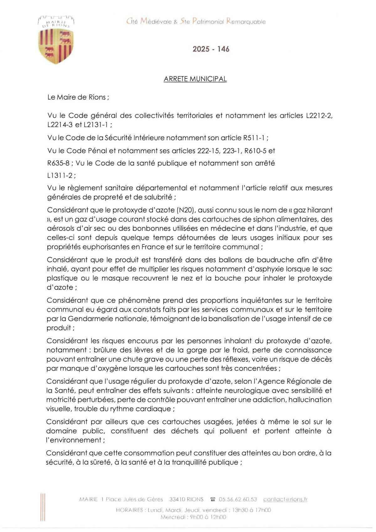 Arrêté municipal relatif au protoxyde d'azote sur la commune de Rions