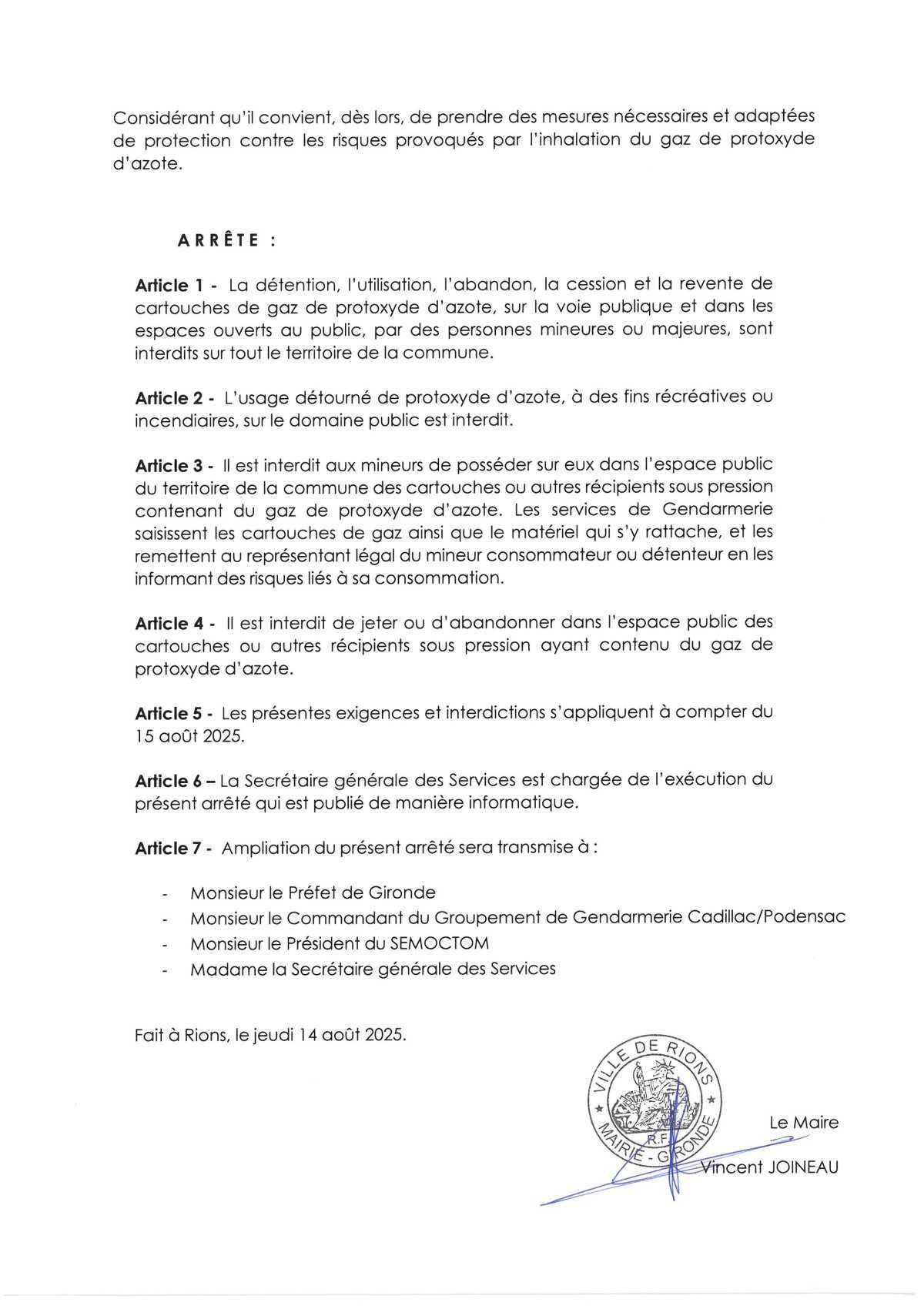 Arrêté municipal relatif au protoxyde d'azote sur la commune de Rions