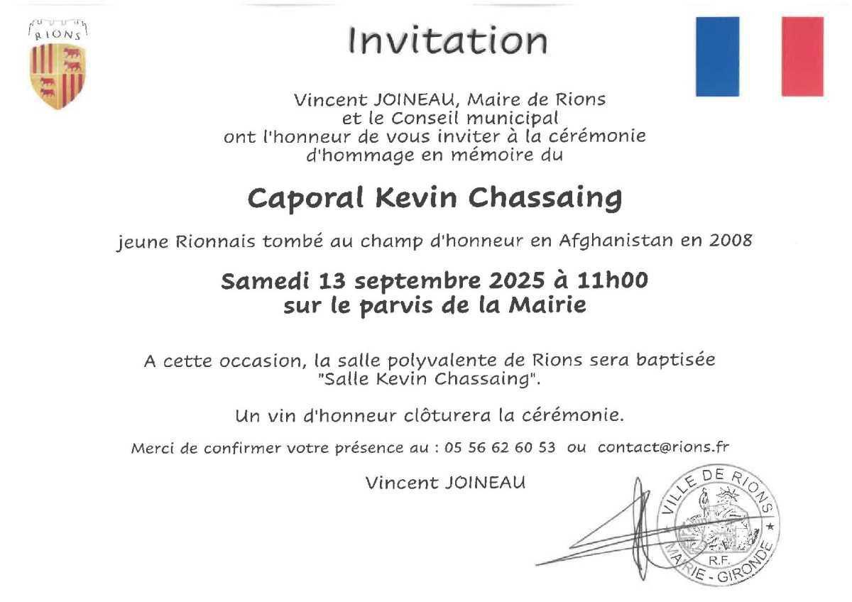 Cérémonie d'hommage au Caporal Kévin Chassaing