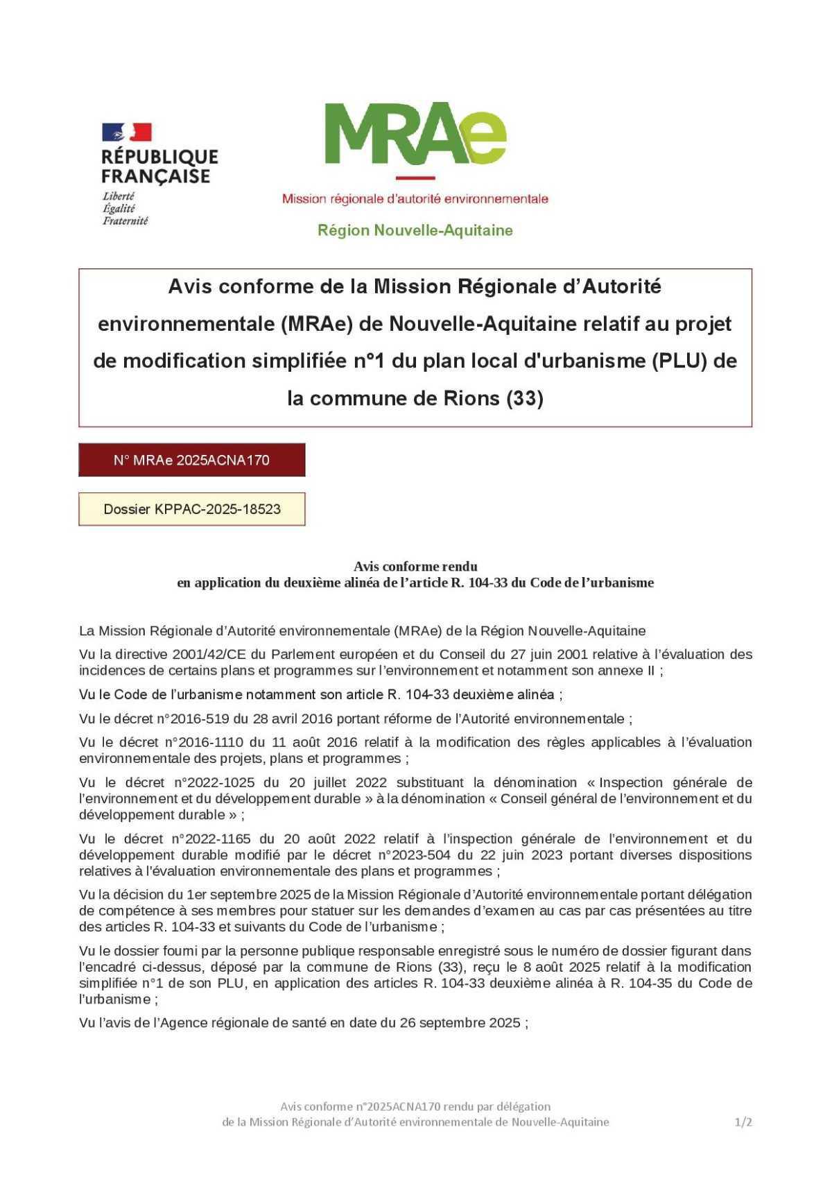 Avis de mise à disposition du dossier de modification simplifiée N.1 du plan local d'urbanisme de la commune de Rions