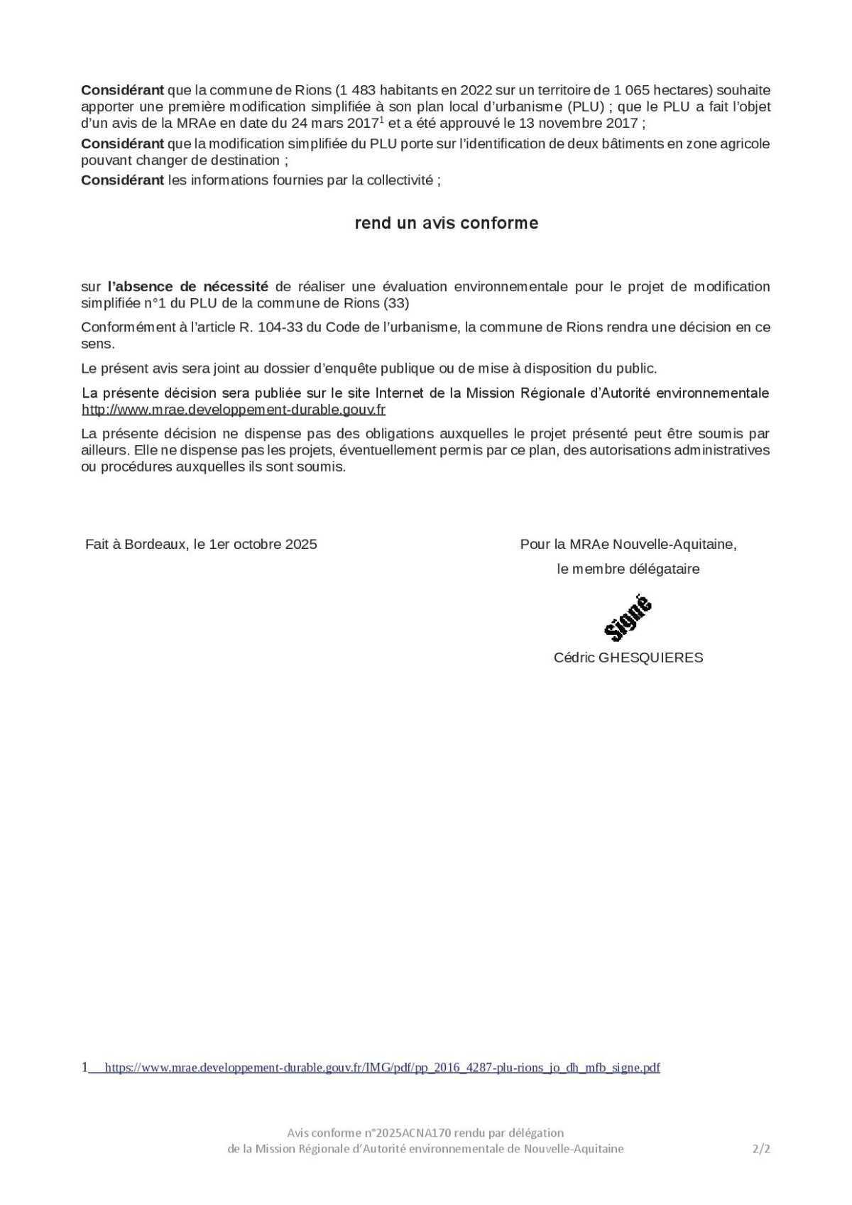Avis de mise à disposition du dossier de modification simplifiée N.1 du plan local d'urbanisme de la commune de Rions