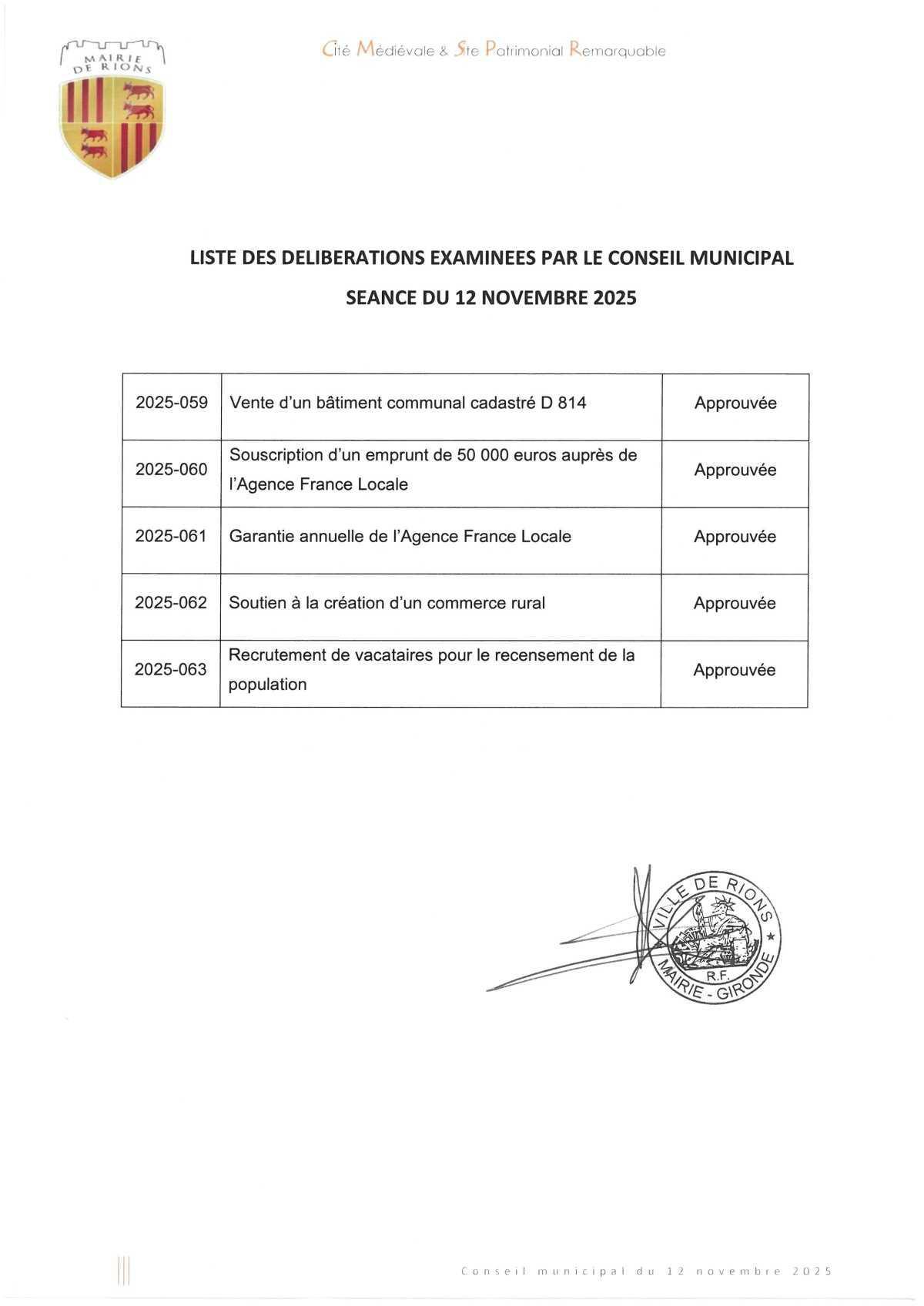 Conseil Municipal du 12 novembre. Liste des délibérations approuvées