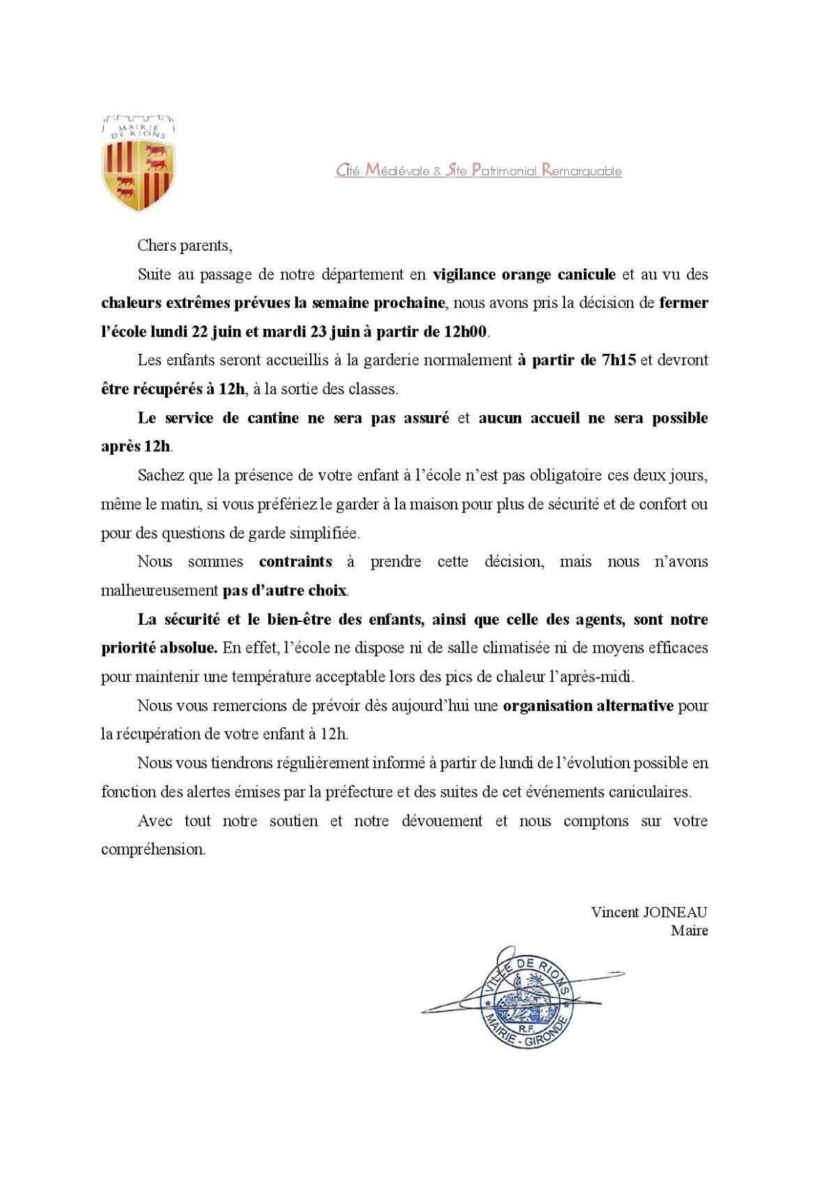Fermeture de l'école l'après midi, les 22 et 23 juin