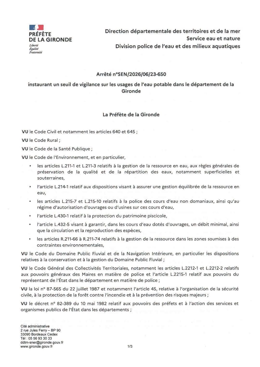 Vigilance sur les usages de l'eau en Gironde