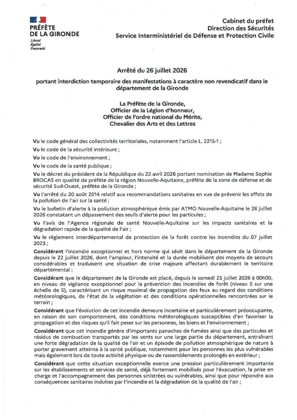 Interdiction préfectorale temporaire de manifestations non revendicatives 