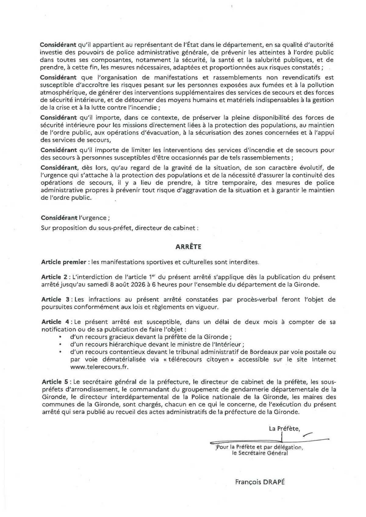 Interdiction préfectorale temporaire de manifestations non revendicatives 