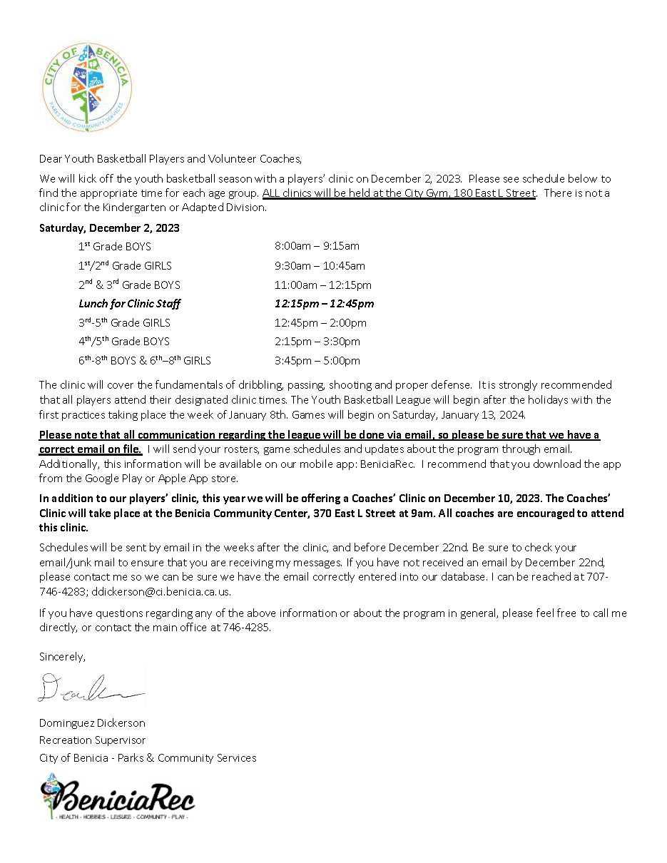 Youth Basketball Supplemental Information