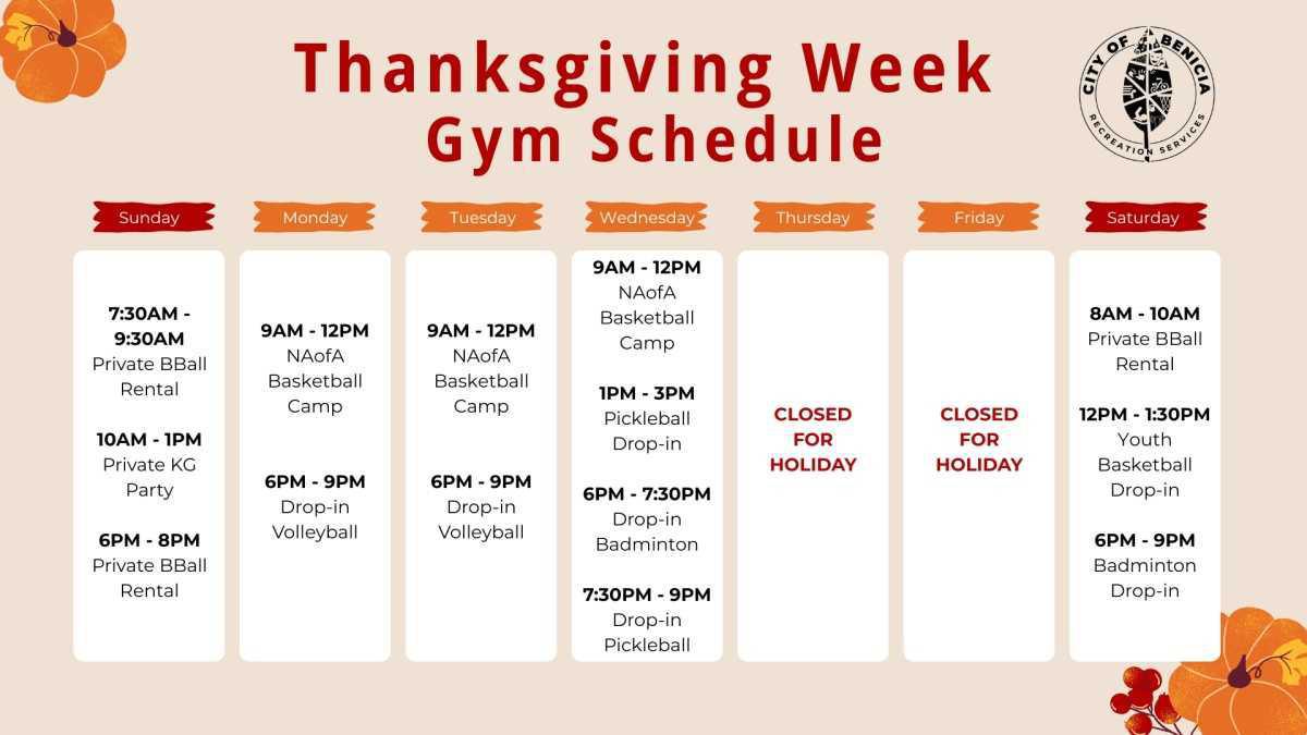 Special Schedule at the City Gym for Thanksgiving Week 🦃