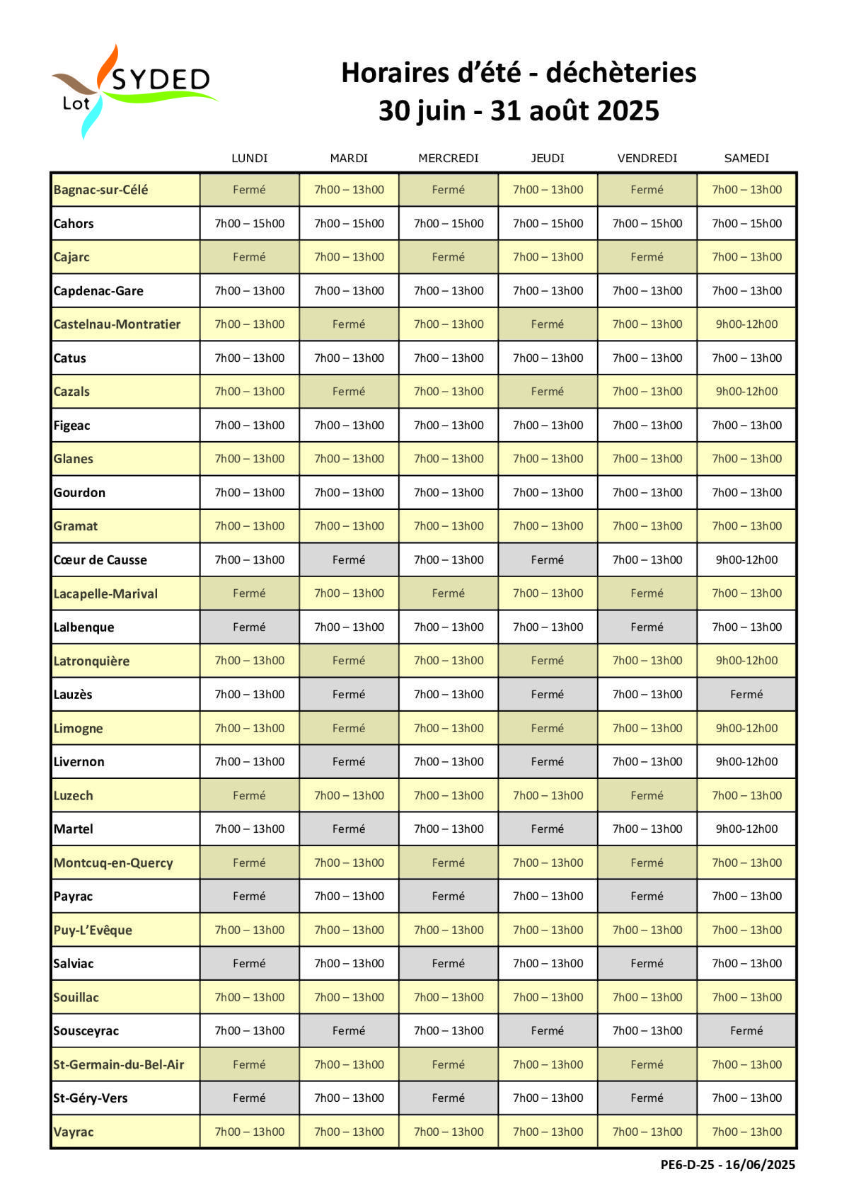 Horaires d'été de la déchèterie
