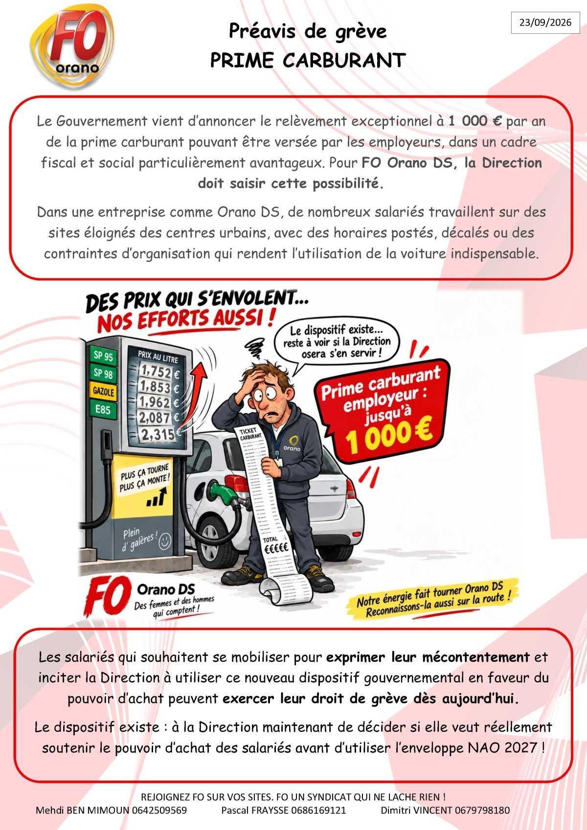 Préavis de grève PRIME CARBURANT