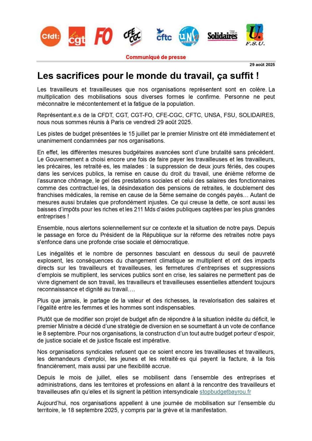 FO Rentrée sociale et mobilisation du 18 septembre