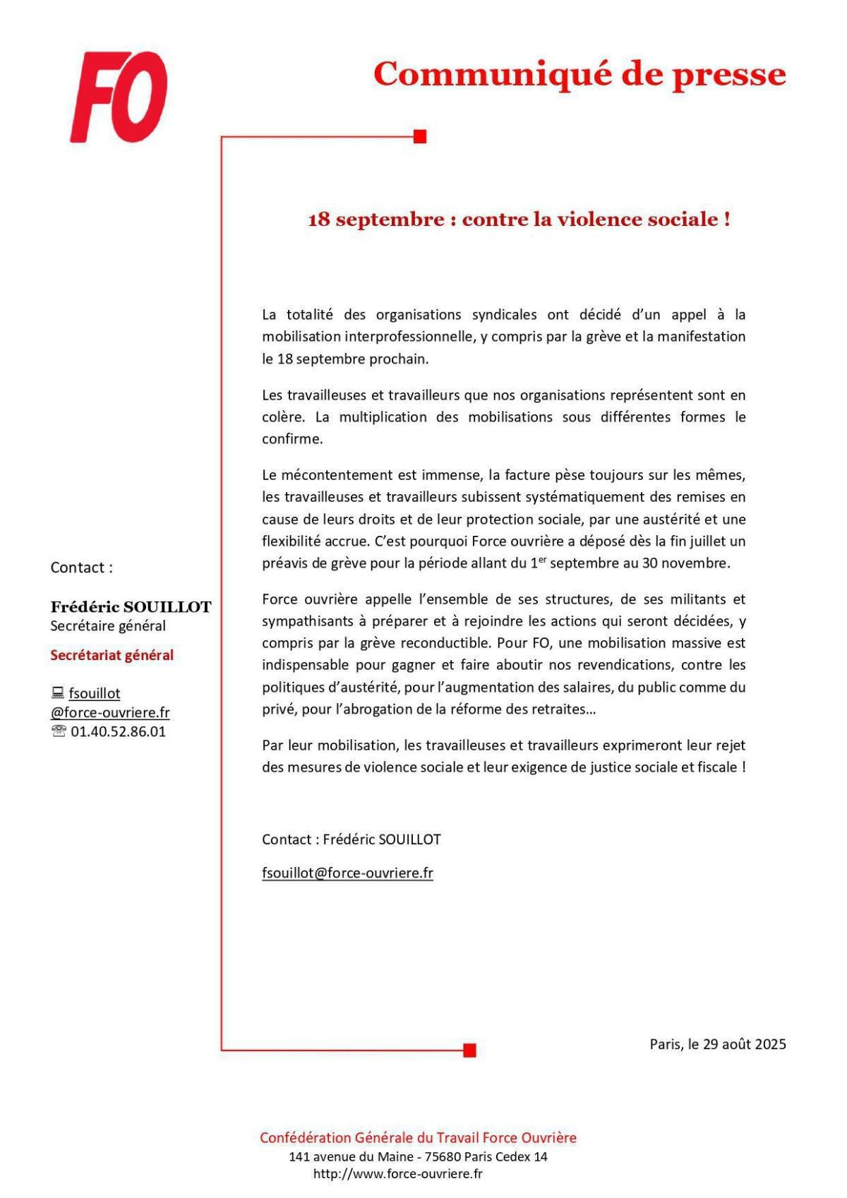 FO Rentrée sociale et mobilisation du 18 septembre