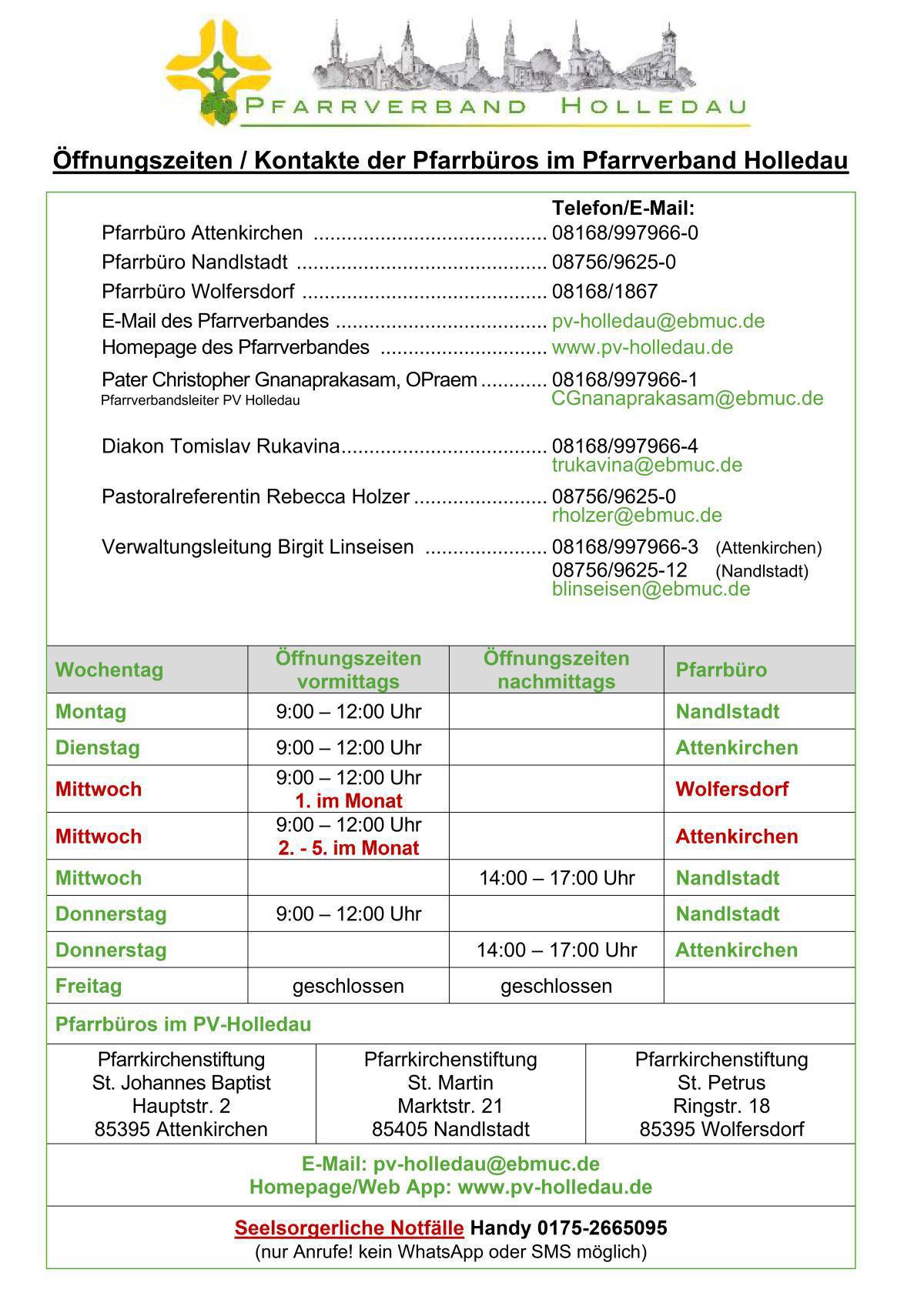 Öffnungszeiten der Pfarrbüros